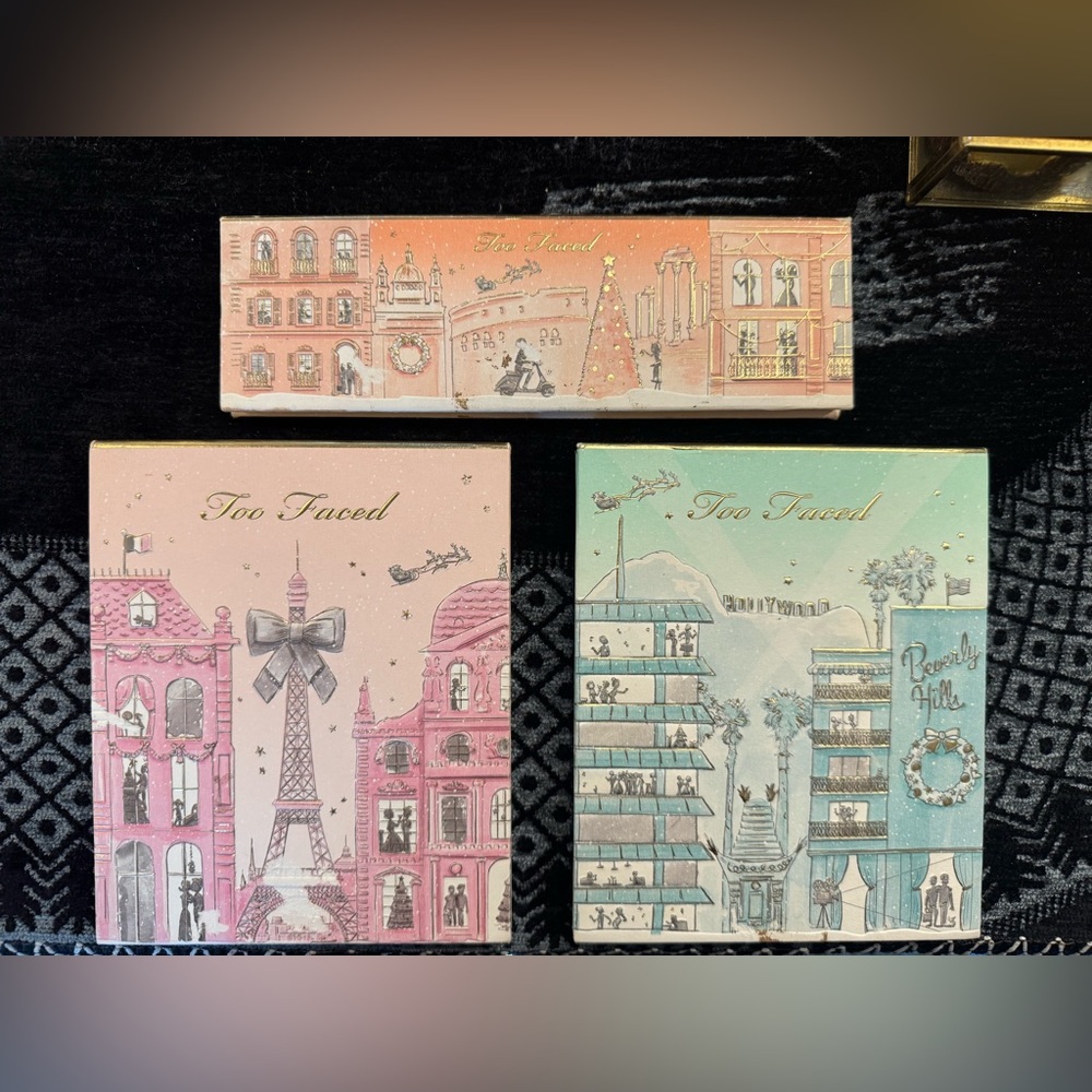 Too Faced Christmas in Paris, Los Angeles, and Rome Eyeshadow/Blush Palettes